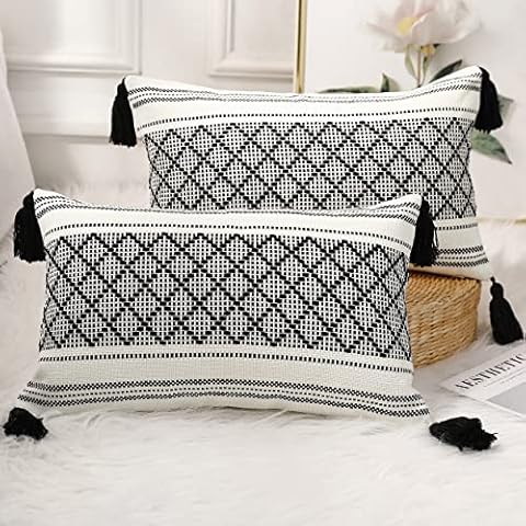 PANOD Knitted Boho Throw Pillow Covers,Natural Cotton Hand-Woven Tufted Decorative Tassel Hug Lumbar Pillowcase for Couch Sofa Bedroom Living Room Farmhouse,12x20 inch Black Cover