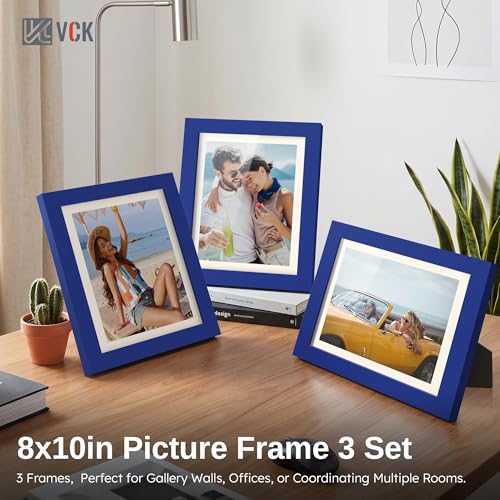 Image of VCK 8x10 Picture Frame Set of 3 - Royal Blue, Wide Border Solid Wood Frame, Display Pictures in Horizontal and Vertical, for Home, Office, Gallery, Woodgrain Series, Wall Hanging