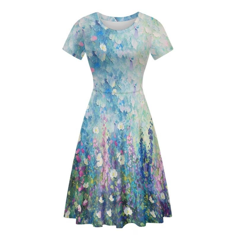 Image of Irisjudy T Shirt Dress for Women Short Sleeve Girls Short Sleeve Dress Plus Size, O Neck Knee Length Midi Dress for Ladies