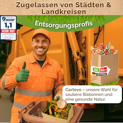 Cartevo Premium Biomüllbeutel 20L - 50 Stück Bio müllbeutel Extra reißfest &Nassfest Biomülltüten Papier für Küche Biomülleimer & Biotonne | Papiertüten plastikfrei, umweltfreundlich & kompostierbar