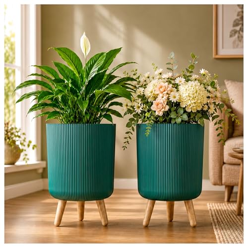 Image of Eightiz Store Modern Green Flower Pot with Plastic Legs | Indoor Outdoor Planter for Home Garden Balcony Decor Ribbed Design Sturdy Plastic Mid-Century Style (Green, Pack of 2)