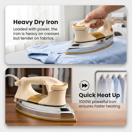 Image of 1.5KG Heavy Weight Dry Iron 1000W with 1 Year Replacement Warranty | Electric Iron Press for Clothes | Adjustable Temperature, Shockproof Heavy-Duty Body, Nonstick Soleplate | Made in India