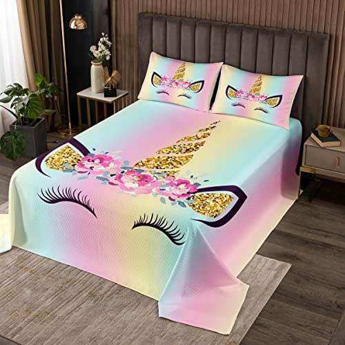 Cute Eyelash Unicorn Kids Bedspread Queen Size,Rainbow Gradient Princess Coverlet Set 3pcs for Girls Women Bedroom Decor,Glitter Sequins Floral Quilted Coverlet,Kawaii Bedding Quilt,2 Pillowcases