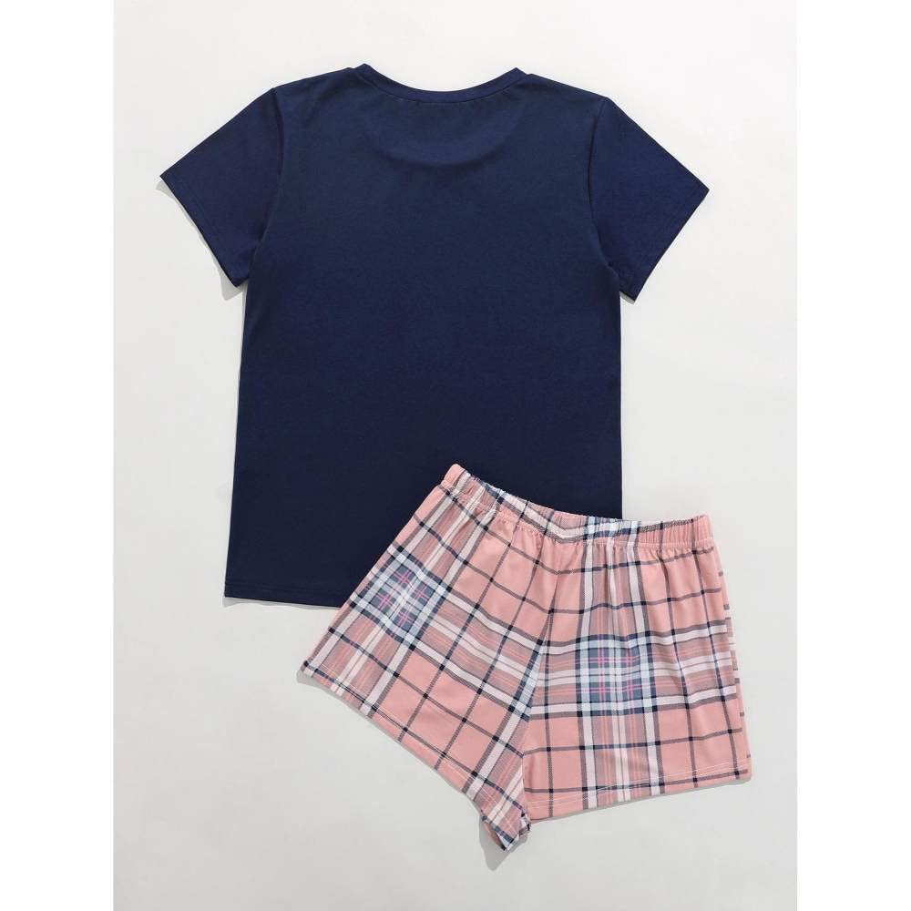 Pijama De Mujer Manga Corta,Tops Azules Y Pantalones Cortos A Cuadros Pijama De Manga Corta para Mujer Conjunto De 2 Piezas Pijama Suave Y Cómodo para Mujer Ropa De Descanso Regalo del Día De La M