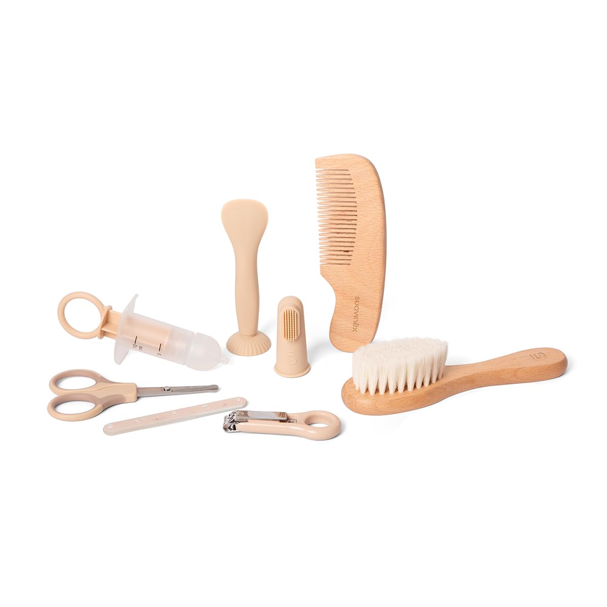 Suavinex, Kit Higiene Bebé con Neceser, Set Cuidado Recién Nacido, Beige | Con: Cortauñas + Lima Vidrio + Tijeritas + Cepillo + Peine + Dedal Encías + Aplicador Crema. Semi-rígido, Cremallera y Asa