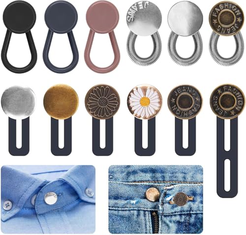 12 Pcs Jean Button Pins and Waist Extenders Set, No Sew Instant Jean Buttons for Pants, Detachable Waistband Extender for Jeans, Skirts, Shirts, Perfect for Men and Women