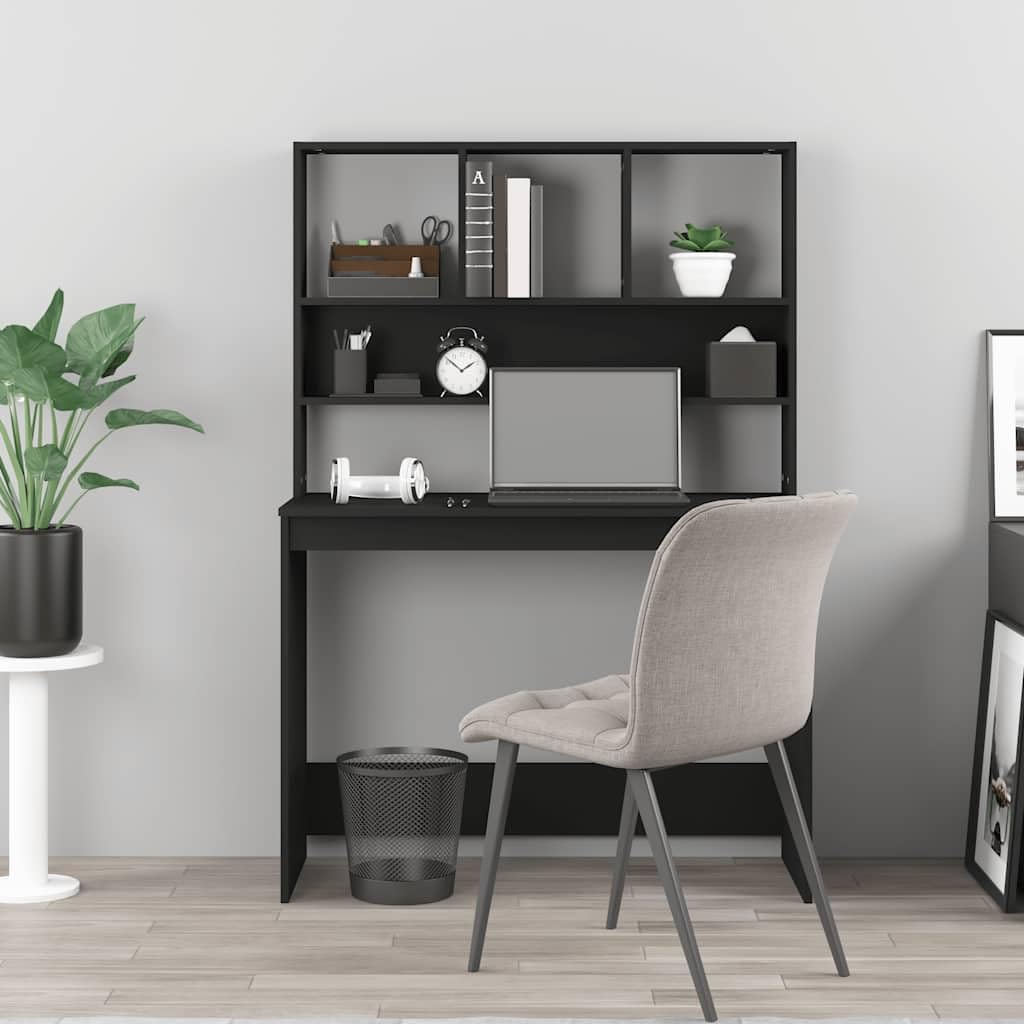 Scrivania con mensola nera, 102 x 45 x 148 cm, in legno, da ufficio, con vano portaoggetti e spazio per raccoglitori e documenti