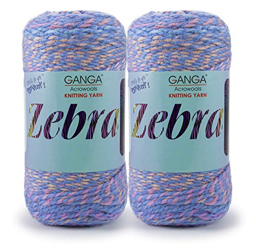 Image of Ganga Acrowools Acrylic Zebra Hand Knitting Fancy Yarn, A Pack of 2 Balls- 150Gram Each(Ptt-1314), Multicolor