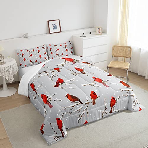 Feelyou Bird Comforter Set Red Birds Snowflakes Bedding Set Winter Landscape Cardinals Comforter For Boys Girls Child Kids Retro Bedroom Decor Tree Branches Duvet Set Twin Size With 1 Pillow Case #TOP3