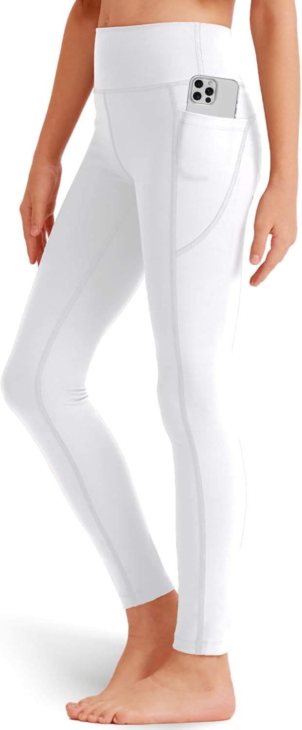 Girls' Black Athletic Leggings with Pockets, White Ankle Length Yoga Pants for Kids