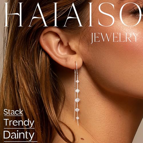 HAIAISO 8 Pairs Threader Dangle Earrings for Women 316L Stainless Steel Chain Tassel Earring Lightweight Double Twist Wave Threader Drop Earring Long Chain Earrings Set2