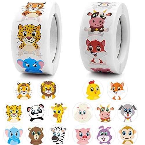 ZoZoMaiy 1000 Piezas Animal Reward Pegatinas Para Niños 2.5cm Pegatinas Stickers Redondas De Recompensa De Animales 2 Rollos Rollo Pegatinas Infantiles Recompensa Para Scrapbooking Decoración