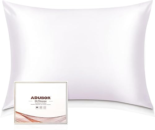 Adubor Juego de 2 fundas de almohada de seda para cabello y piel con cremallera oculta, ambos lados 23 Momme (Blanco, Stabdard 20 x 26 pulgadas)