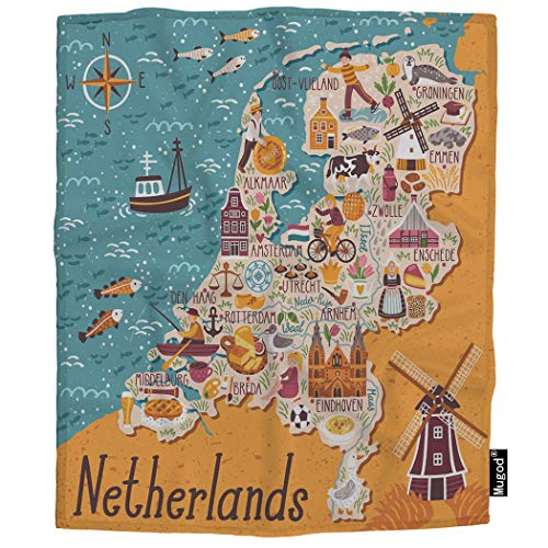 Mugod Map of Netherlands Throw Blanket Dutch Landmarks People Traditional Holland Food Soft Cozy Fuzzy Warm Flannel Blankets Decorative for Baby Toddler Swaddle Pet Dog Cat 30x40 Inch