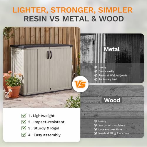 Image of Devoko 26 Cu Ft Resin Outdoor Storage Cabinet with Lockable Doors, Beige | Horizontal Storage Shed Waterproof Patio Tools Storage Box, Easy to Assemble for Backyards,Patios, Pools, Gardening Tools