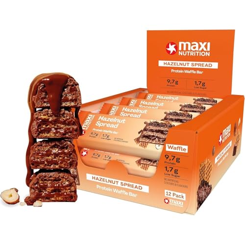 MaxiNutrition Hazelnut Spread Protein Waffle Bar (Pack of 12 x 39 grams Each) with 25% Protein Per Serving Low Sugar Per Serving No Artificial Colour & Flavor Added