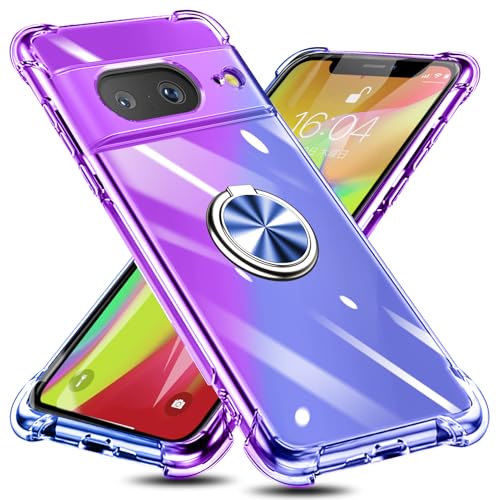 Google Pixel 8A 用 ケース リング付き TPU グラデーション色 携帯カバー 耐衝撃 透明 車載ホルダー対応 一体型 落下防止 防塵 変形防止 全面保護 ピクセル 8a 用 カバー 紫/ブルー W-CSZH-41-03