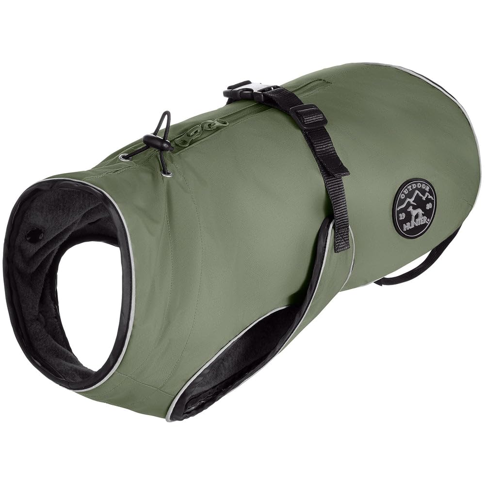 HUNTER Cappotto per cani Uppsala, colore kaki, design 2 in 1 con fodera interna sganciabile, idrorepellente, bordatura riflettente, lato addominale chiuso, vestibilità ottimale, misura 65
