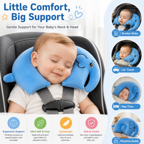 Image of VanityX Baby Neck Pillow for Newborn & Infant, Elephant Shape Mustard Seed Neck Support Pillow, Soft Plush Head Support Cushion for Stroller, Car Seat, Travel & Sleeping, Blue