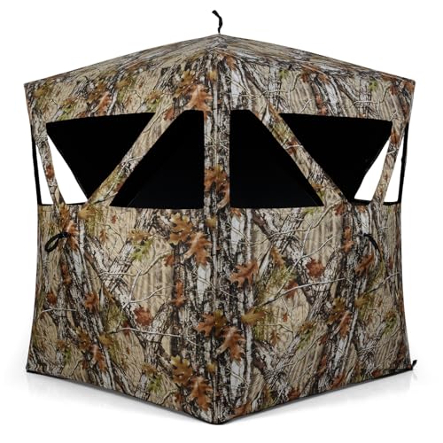 COSTWAY Tente de Chasse pour 2 Personnes, Store de Camouflage avec Fenêtres Coulissantes Silencieuses Panneaux de Sécurité Sac de Transport, Abri Escamotable Portable pour Camping Chasse