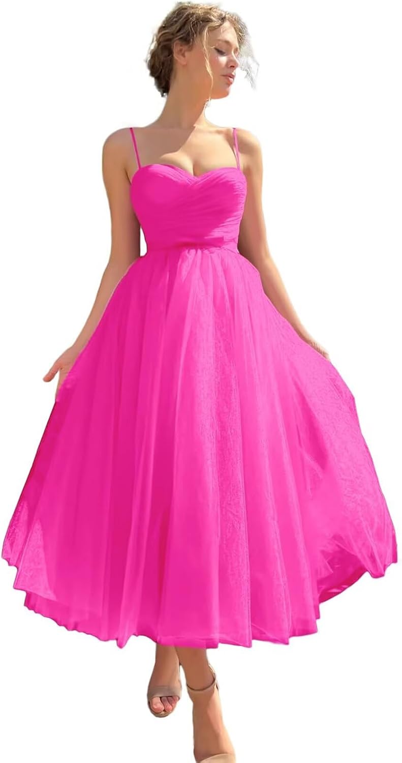 Tulle Tea Length Prom Dress with Pockets Sweetheart A Line Spaghetti Straps Formal Party Gown