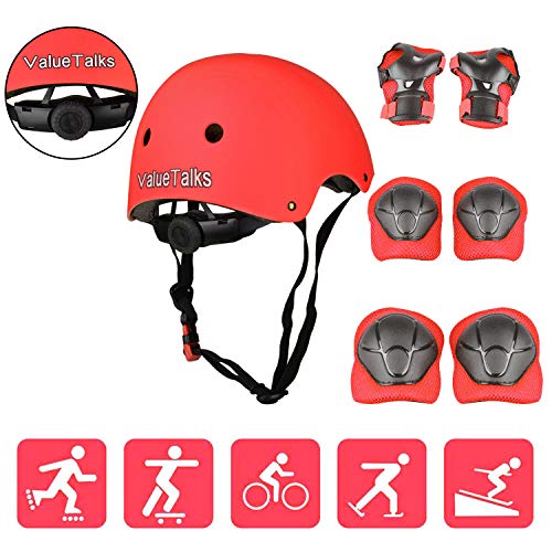 ValueTalks Schonerset Kinder Protektoren schützer inliner Schutzausrüstung Kinder Knieschoner Set mit Helm für Skateboard Fahrrad rollschuh (Rot)