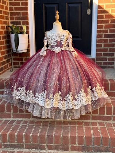 Lace Flower Girl Dresses for Wedding Long Train Sparkly Tulle Elegant with Bow First Communion Dresses2