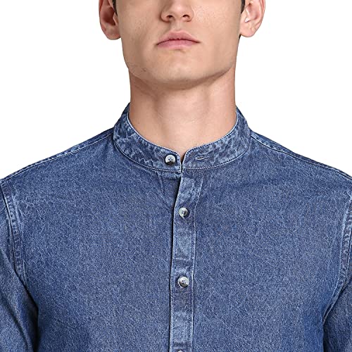 Image of Dennis Lingo Men's Solid Denim Cotton Slim Fit Full Sleeve Mandarin Collar Casual Shirt
