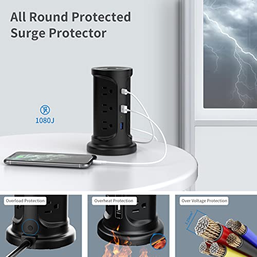 Power Strip Surge Protector Tower,Screw Wall Mount Outlet Extender with 12 AC Multiple Outlets and 3 USB Ports,6.5 FT Long Extension Flat Plug Cord,Charging Tower with Overload Protect for Office