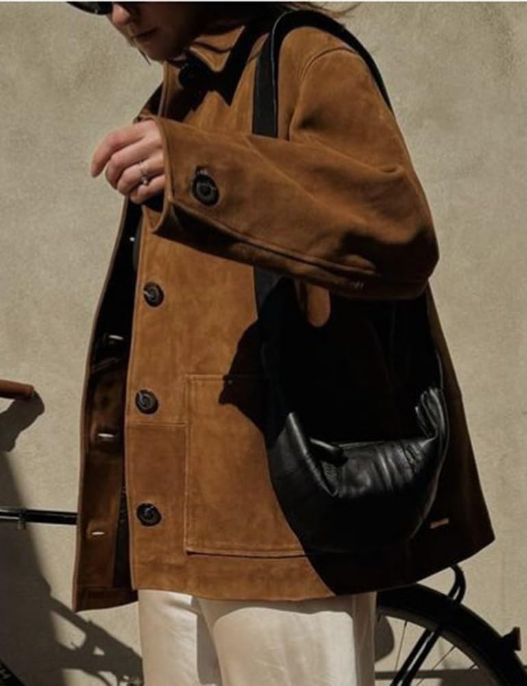 Mywinway Suede Jacket for Women 2024 Fall Winter Y2k Oversized Casual Faux Leather Blazer Jackets Trench Coat Outerwear