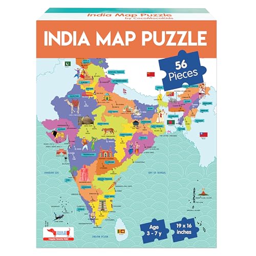 Image of CocoMoco Kids India Map Puzzle for Kids | 56-Pieces Jigsaw Puzzle with States, Cities, Animals & Monuments | Educational Geography Game Birthday Return Gift for 3-7 Years Old Boys & Girls