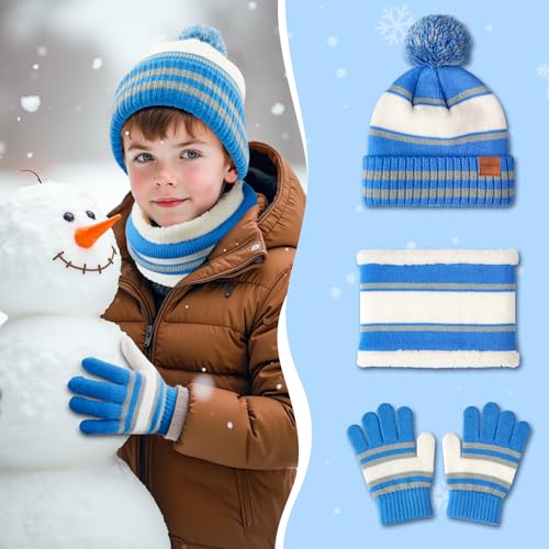 Image of Kids Winter Hat Gloves Scarf Set: Girls Boys Beanie Fleece Lined Ages 6-10