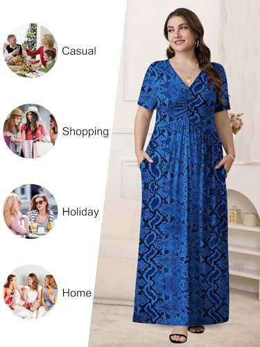 Image of PEVRL Plus Size Summer Maxi Dress for Curvy Women with Pockets 1X-5X | Short Sleeve, Twisted Front V-Neck, Summer Casual A Line Flowy Dress, Empire Waist Floral Print Beach Vacation Long Dress