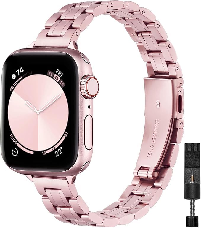 Image of STIROLL Thin Replacement Band Compatible for Apple Watch 49mm 46mm 45mm 44mm 42mm(Series 3 2 1), Stainless Steel Metal Wristband Women Men for iWatch Ultra SE Series 11 10 9 8 7 6 5 4, Rose Pink