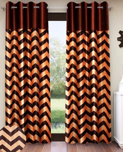 Image of Home Sizzler 2 Pieces Solid Patch Zigzag Print Eyelet Polyester Door Curtain - 7 Feet, Brown