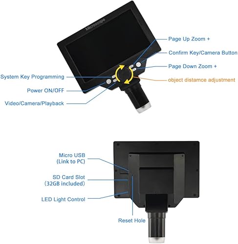 Miniatura 5 de HAFGYKIO Microscopio digital LCD 1080P de 7 pulgadas con tarjeta TF 32G microscopio de cámara de video USB zoom de aumento 1200X 12 megapíxeles 8