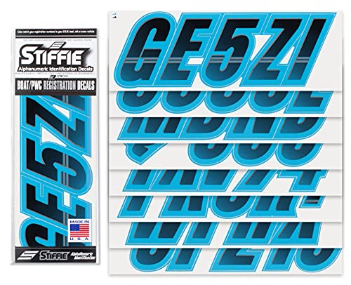 Image of STIFFIE Techtron Black /Sky Blue 3 inch Boat & PWC Registration Decals • Numbers Letters Stickers