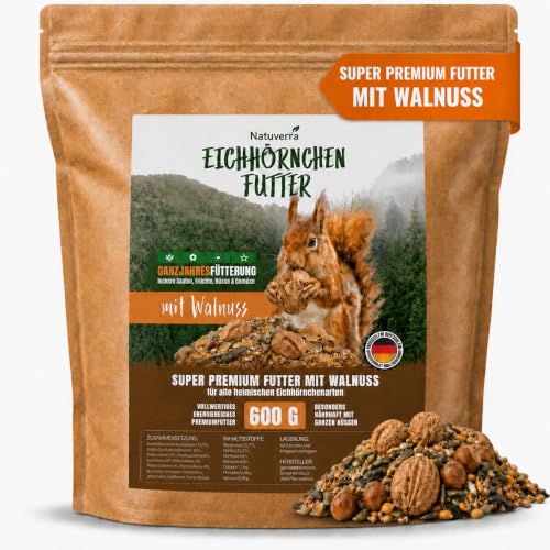 Natuverra Eichhörnchen-Futter 600 g I Premium Starter-Mix mit Walnüssen für Eichhörnchen & Streifenhörnchen I Ganzjahres-Futter Eichhörnchen Streifenhörnchen Futter mit Walnüssen in Schale