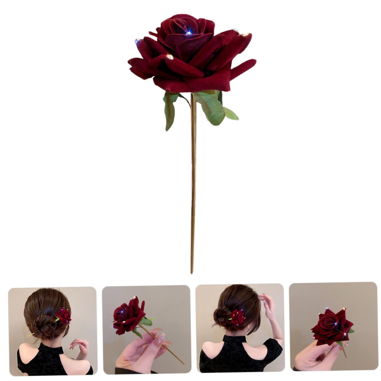 Épingle À Cheveux Avec Strass Et Rose Rouge Accessoire Élégant De Style Chinois Pour Fête Et Banquet
