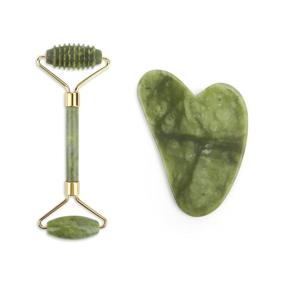 Juego de herramientas de masaje facial con rodillo de jade masajeador facial de piedra natural Guasha tabla de masaje Gua Sha Raspador Rodillo de jade y kit de guasha-A sin caja