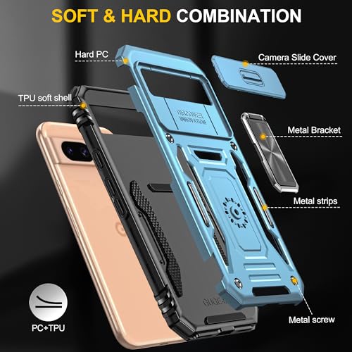 Image of Polycarbonate Slide Camera Cover with Ring Holder Mobile Phone Back Cover for Google Pixel 8A (Blue)