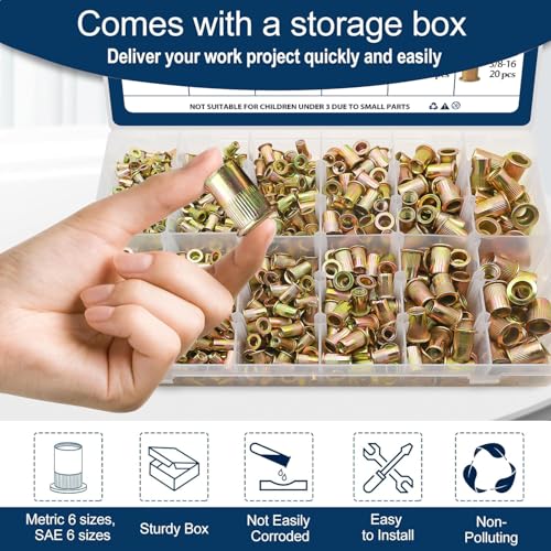 Image of Metric & SAE Rivet Nut Assortment Kit(920 Pcs), M3 M4 M5 M6 M8 M10#6-32#8-32#10-24 1 /4 inch-20 5 /16 inch-18 3 /8 inch-16 UNC Flat Head Rivnut Set, Zinc Plated Finish Carbon Steel Nutsert