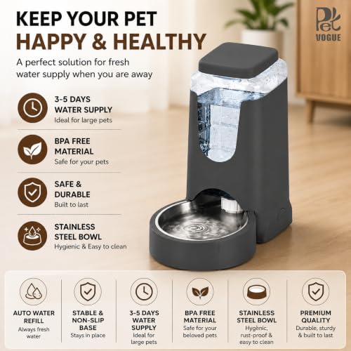 Image of PetVogue Automatic Cat Water Dispenser with Stainless Steel Bowl Dog Gravity Waterer for Small Medium Pets Puppy Kitten