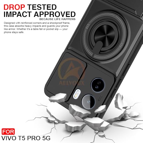 Image of Vivo T5 Pro 5G Back Cover | Armor Camera Slider 360 Degree Rotating Finger Ring Holder Case with Bracket Stand Back Case Cover (Compatible with MagSafe Accessories) (Black)