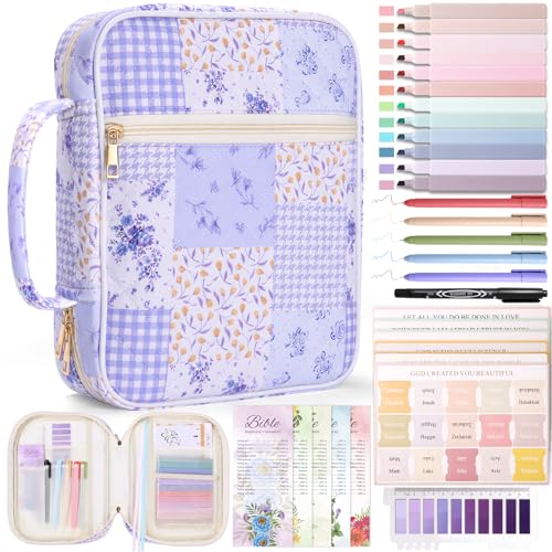 XKDOUS Bible Cover for Women Church Book Holder Quilted Carrying Case with Handle, Tabs, Study Supplies Portable Bible Bag Journaling Kit Christian Gifts for Mom Lady