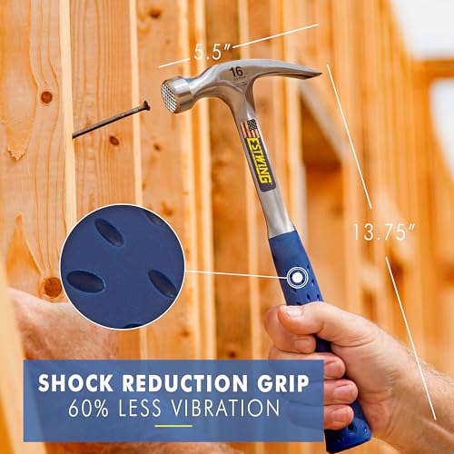 Image of ESTWING Hammer - 16 oz USA Made Straight Rip Claw Hammer with Milled Face & Shock Reduction Grip - E3-16SM