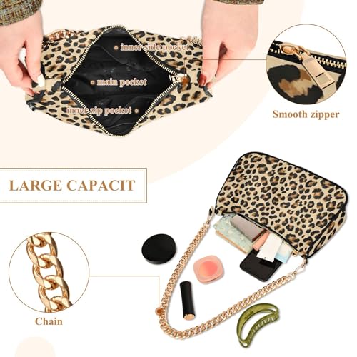 Zipper Aesthetic Shoulder Bag Black Brown Leopard Prints Beige Handbag Medium Fashion Womens Party Dressy Purse Hobo with Chain Strap4