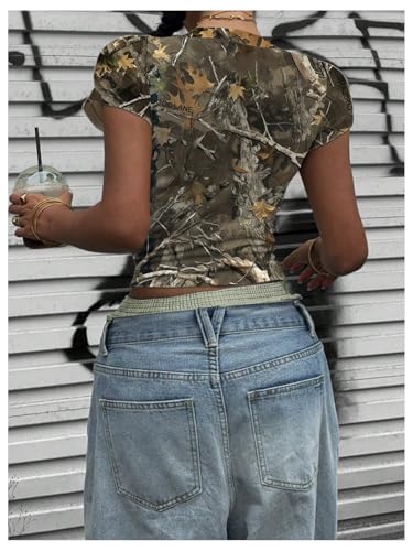 Women's Y2k Camo Print Crop Tee Top Crew Neck Short Sleeve Slim Fit T Shirts 90s Streetwear2