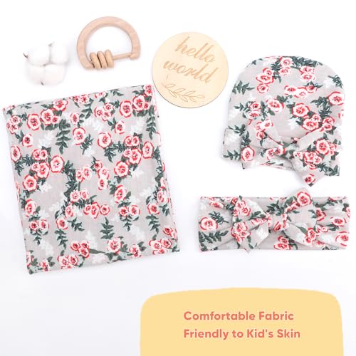 Image of DRESHOW BQUBO Baby Girl Newborn Floral Receiving Blankets with Bow Hat Headband Wooden Birth Announcement Card Set Newborn Baby Swaddling Hats Swaddle Blanket Toddler Warm Shower Gift