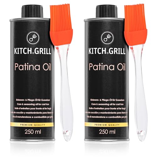 KitchGrill® Einbrenn- und Pflegeöl inkl. Silikonpinsel | 2 x 250 ml | Patinaöl für Gusseisenpfannen und - Töpfe, Grillroste, Grillplatten, Dutch Oven, etc. | Gusseisen, Schmiedeeisen, Einbrennöl, Pfle